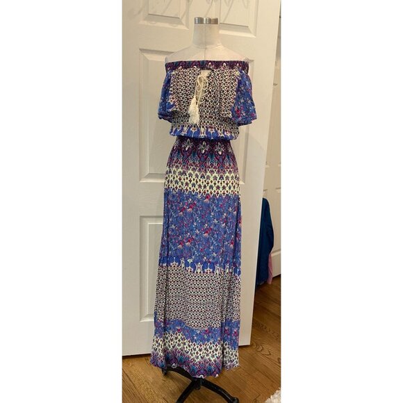 Selfie Leslie Boho Blue Maxi dress Off the Shoulder Medium - Picture 1 of 6